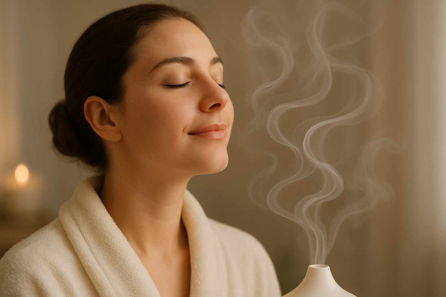 I want a scent flowing through the air with a lady enjoying the smell sniffing the scent in to show there is a diffuser close by 